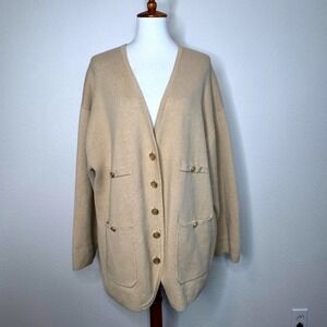 J. CREW Oversized Sweater Blazer XL Tan Gold Buttons Cotton V Neck Quiet Luxury‎